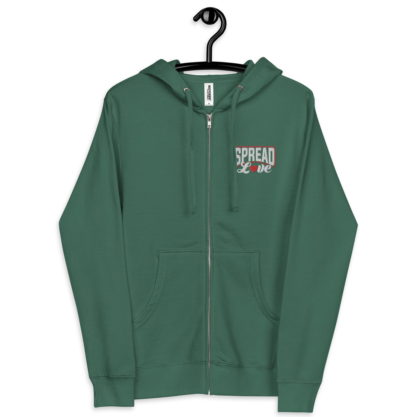 An alpine green fleece zip-up hoodie with 'SPREAD LOVE' text on the front in white with a red heart replacing the "o".