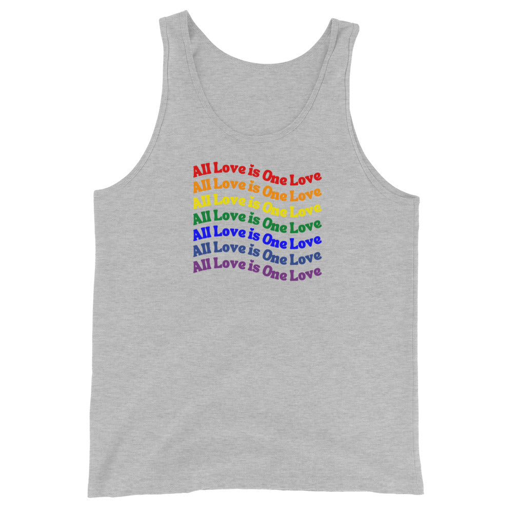 light gray tank top with 'All Love is One Love' text in rainbow colors on a white background