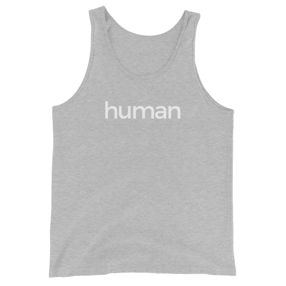 light gray tank top with 'human' white text on a white background