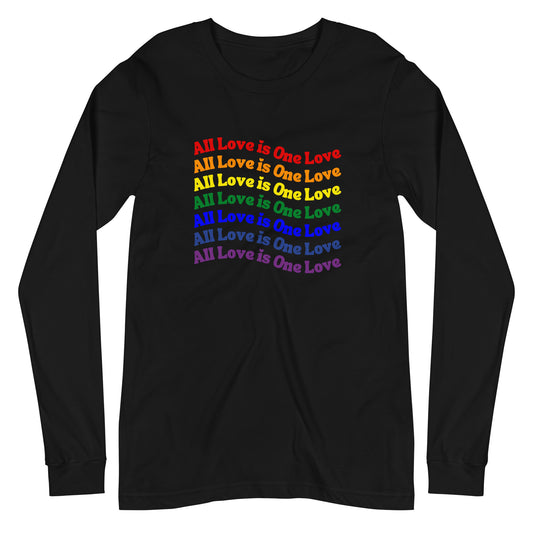 black long sleeve t-shirt with "all love is one love" graphic in rainbow gradient