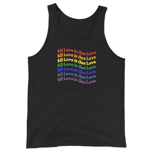 black tank top with 'All Love is One Love' text in rainbow colors on a white background