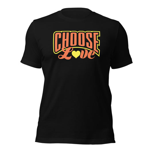 black t-shirt with 'CHOOSE LOVE' orange and yellow text and yellow heart graphic on a white background