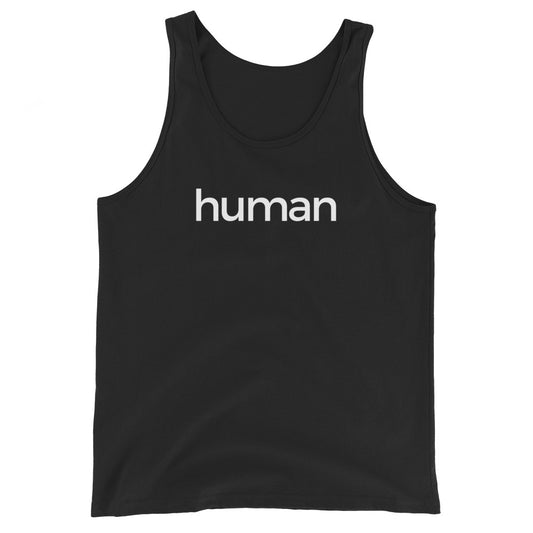 black tank top with 'human' white text on a white background