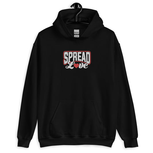 A black hoodie with 'SPREAD LOVE' text in red and white with red heart symbol instead of the 'o' on the front.