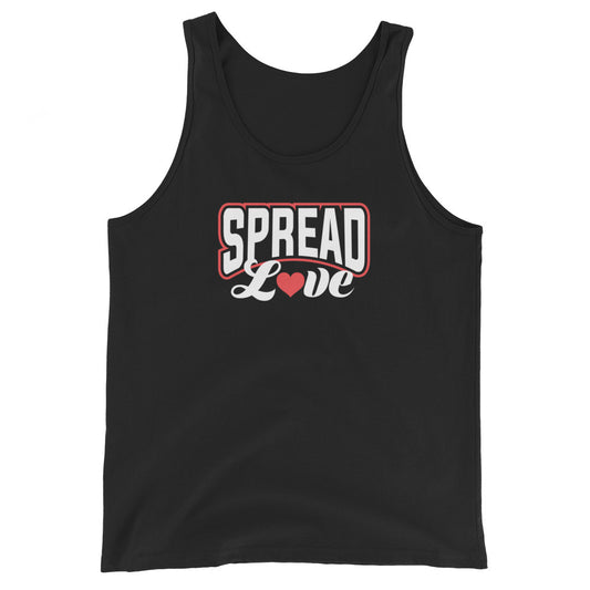 black tank top with 'Spread Love' red and white text and red heart replacing the "o" in love on a white background