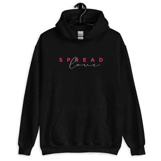 A black hoodie with the text 'SPREAD LOVE' in red and gray on the front.