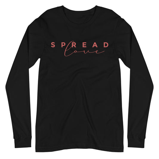 long sleeve black "spread love" graphic t-shirt against a white background