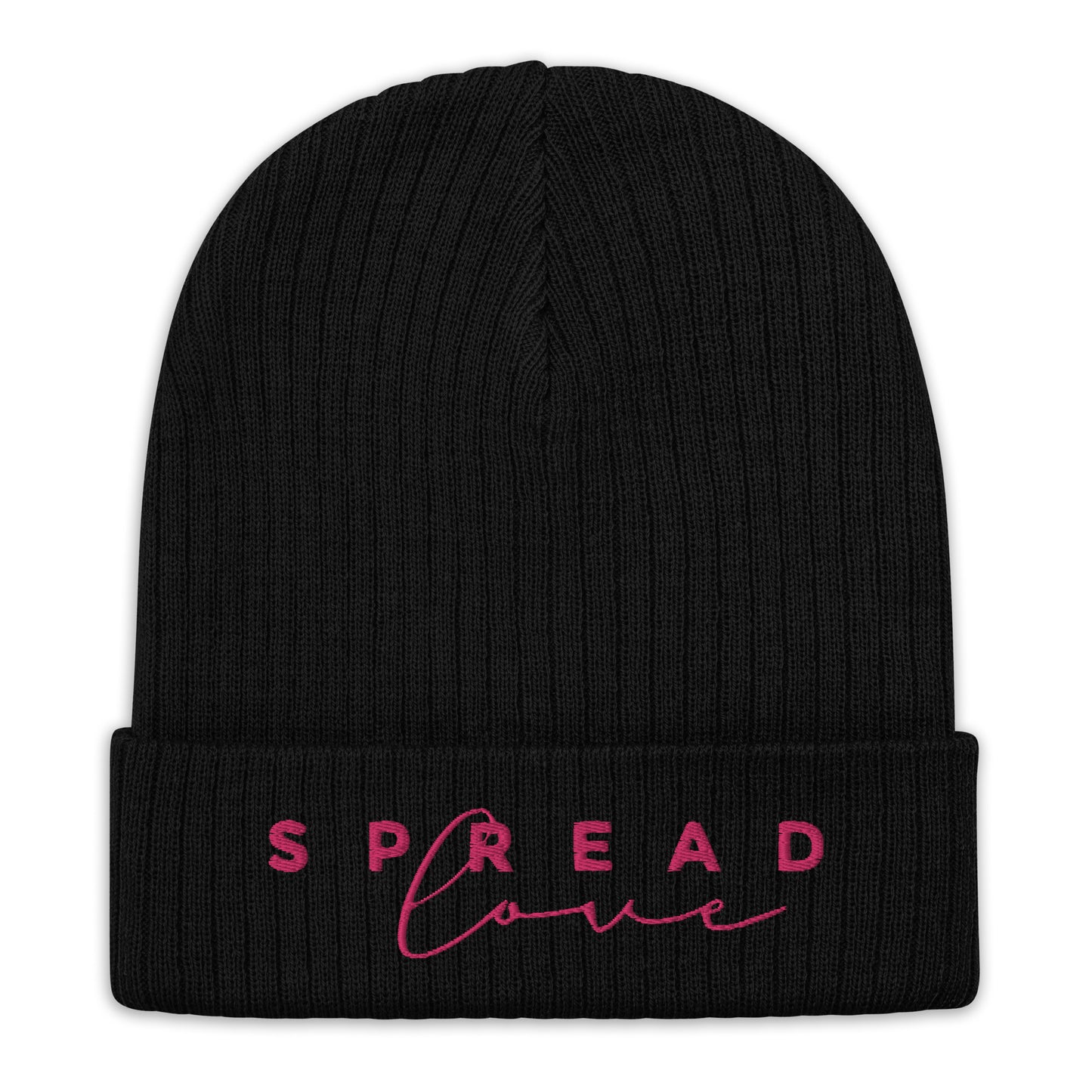 black ribbed knit beanie with "Spread Love" written on the fold in pink text
