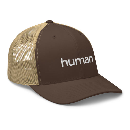 brown-khaki human retro trucker hat against white bckground