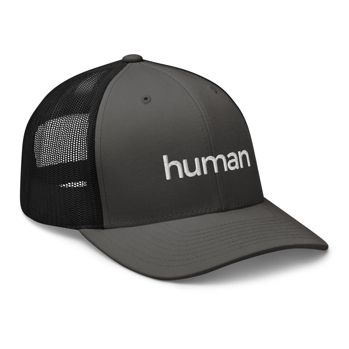charcoal-black human retro trucker hat-right against white background