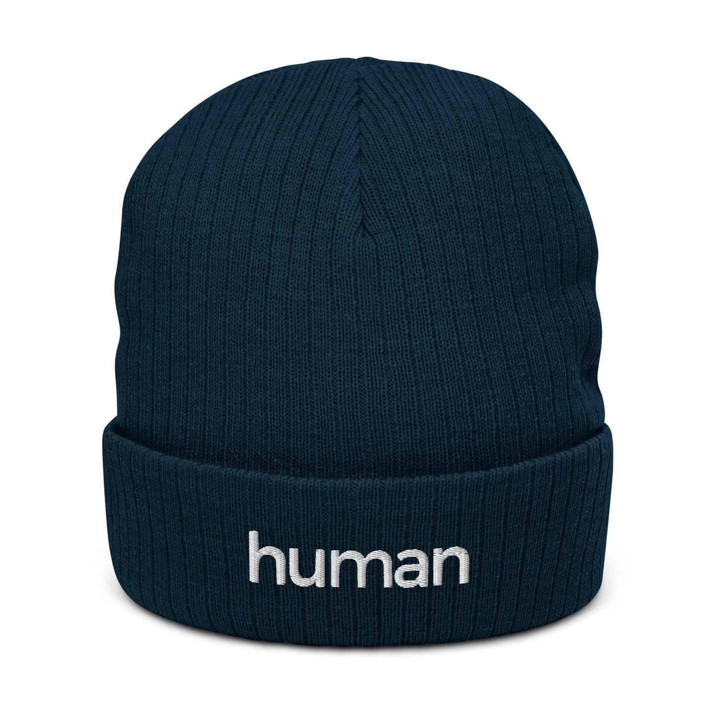 A navy blue ribbed knit beanie with the word 'HUMAN' written on the fold.