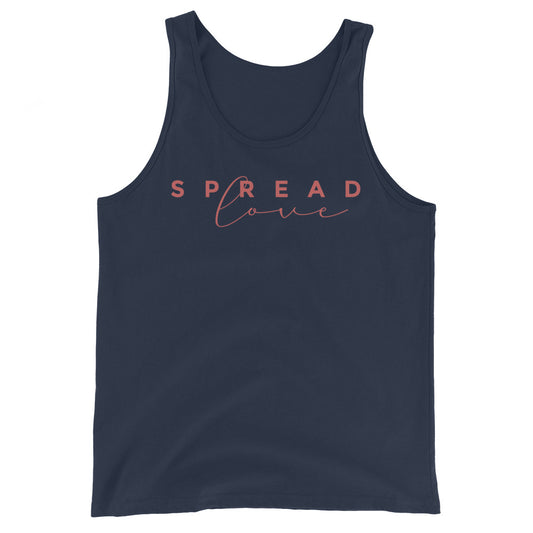 navy blue tank top with 'SPREAD LOVE' text in pink on a white background