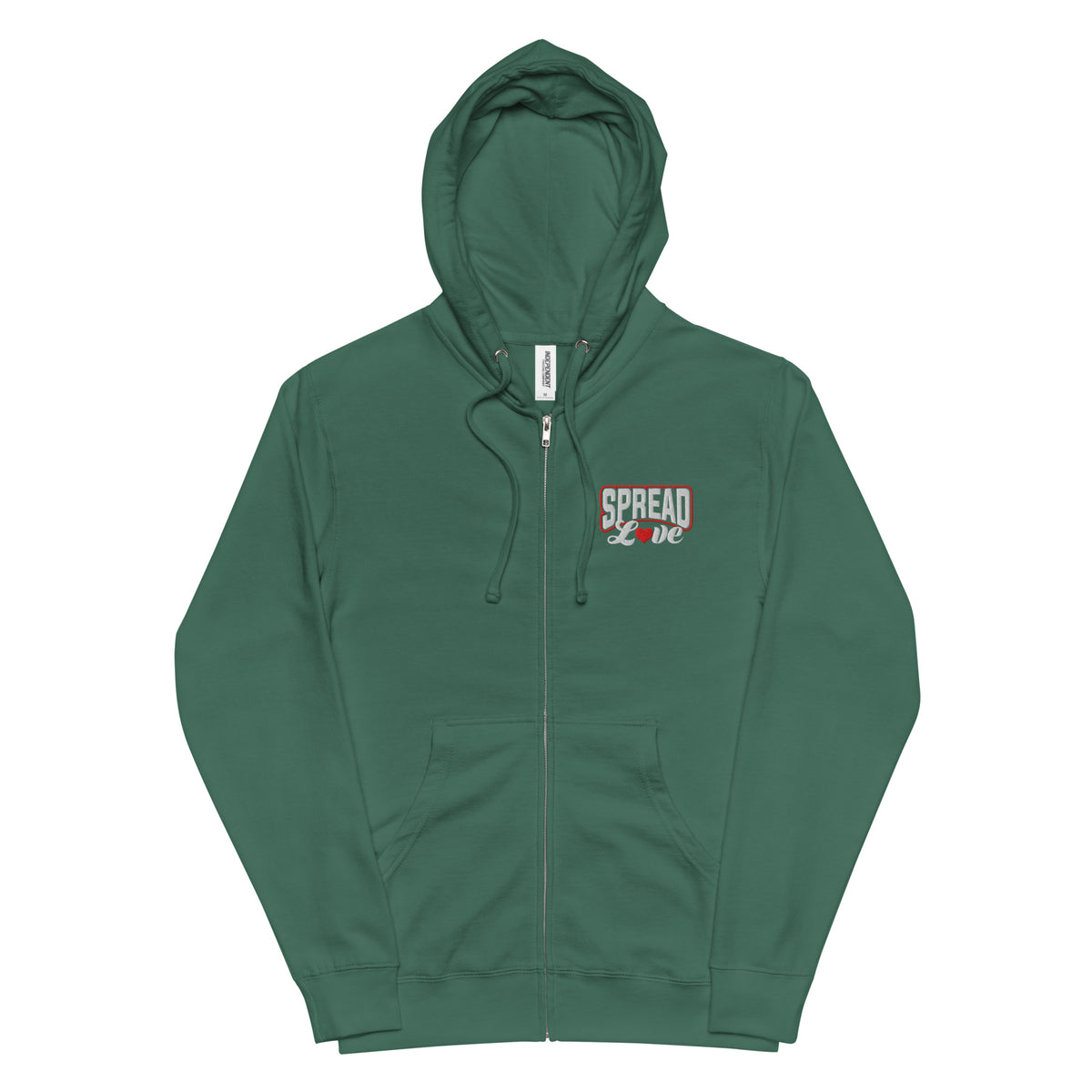 A green nelalena fleece zip-up hoodie with 'SPREAD LOVE' text on the front in white with a red heart replacing the "o".