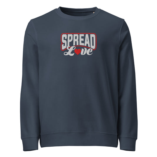 A dark navy blue crewneck sweatshirt featuring a graphic on the chest that reads 'SPREAD Love' with a red heart, shown against a plain white background.