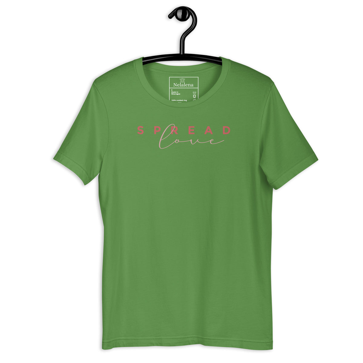 A leaf green short-sleeve crewneck t-shirt hanging on a black hanger against a white background. The shirt features the text 'SPREAD love' printed across the chest in pink, with 'love' in a cursive font.