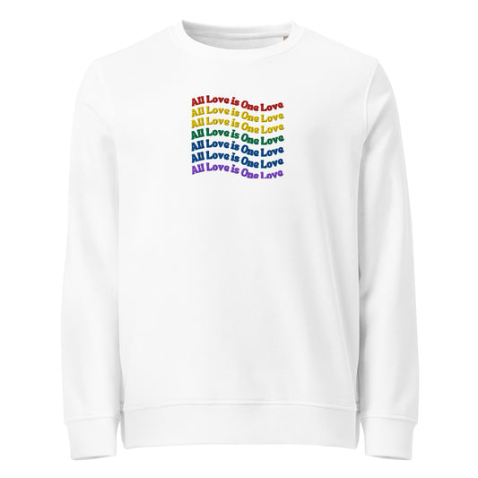 A white crewneck sweatshirt featuring a stacked graphic text design on the chest that reads 'All Love is One Love' in a rainbow color gradient.
