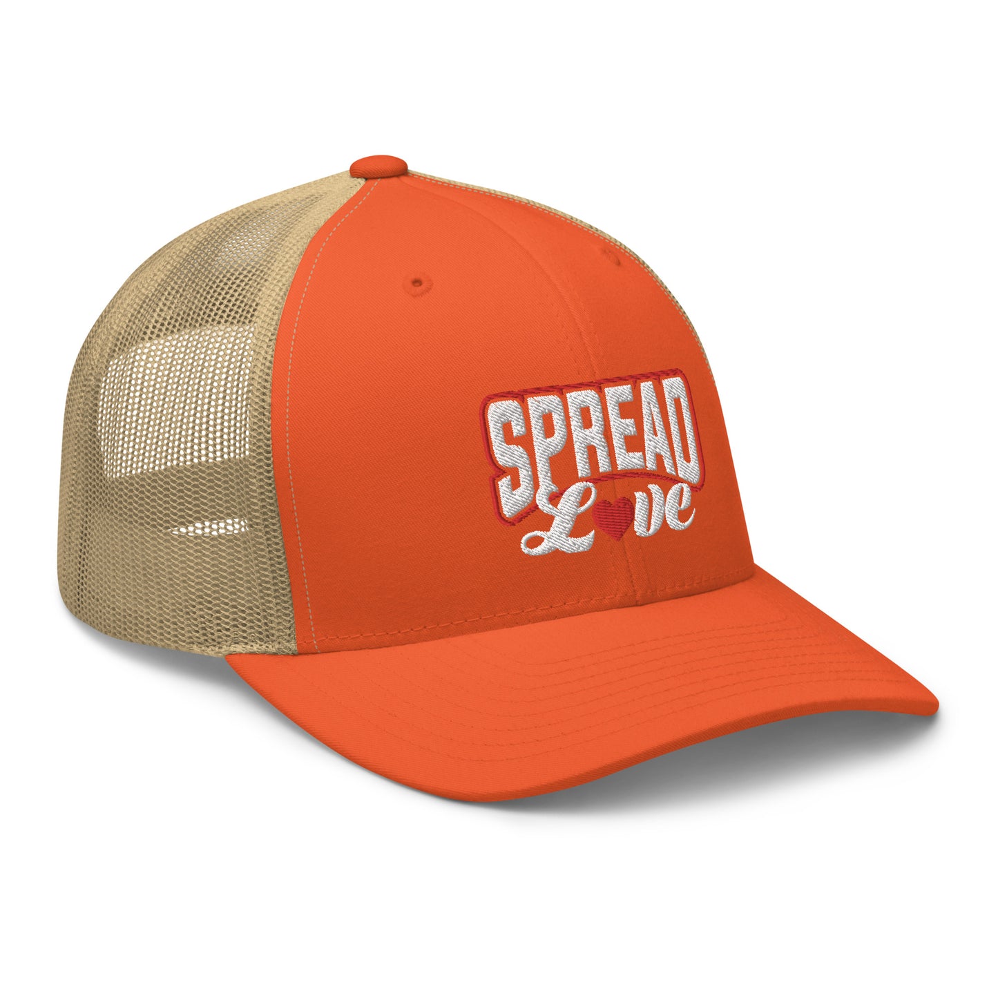 An orange trucker cap with a breathable khaki mesh back, featuring the text 'SPREAD LOVE' in red and a red heart symbol on the front.