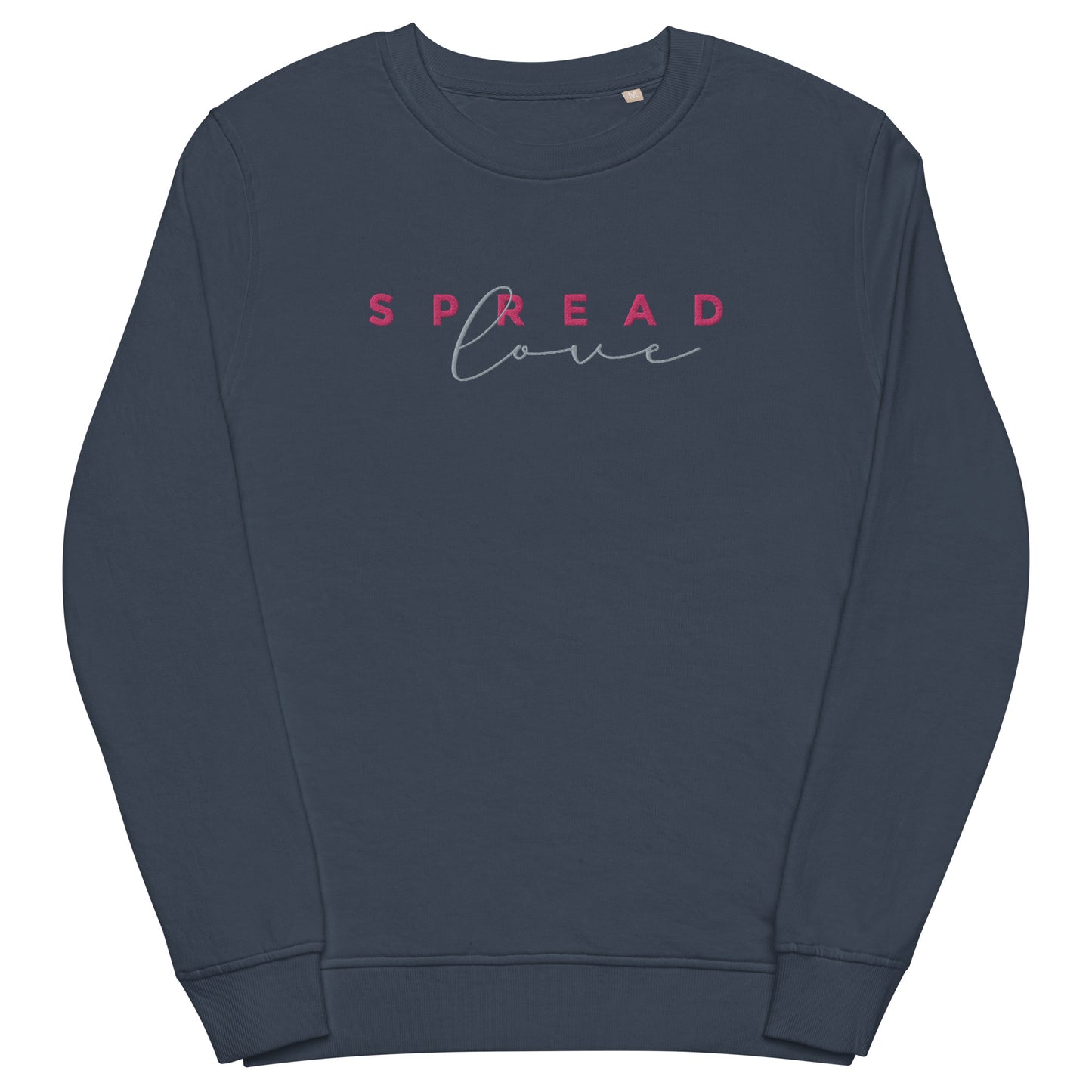 french navy sweatshirt with "spread love" graphic colored red and gray