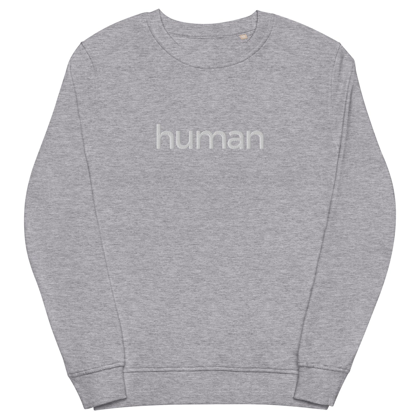 light gray sweatshirt with "human" graphic colored white