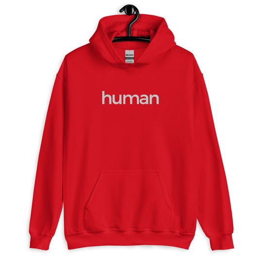 red hoodie with "human" printed on front in white