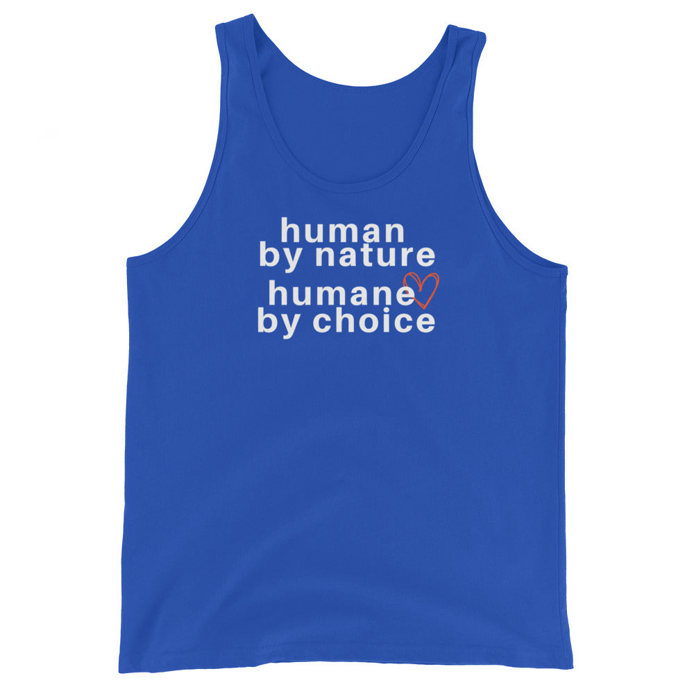 royal blue tank top with text 'human by nature, humane by choice' on a white background