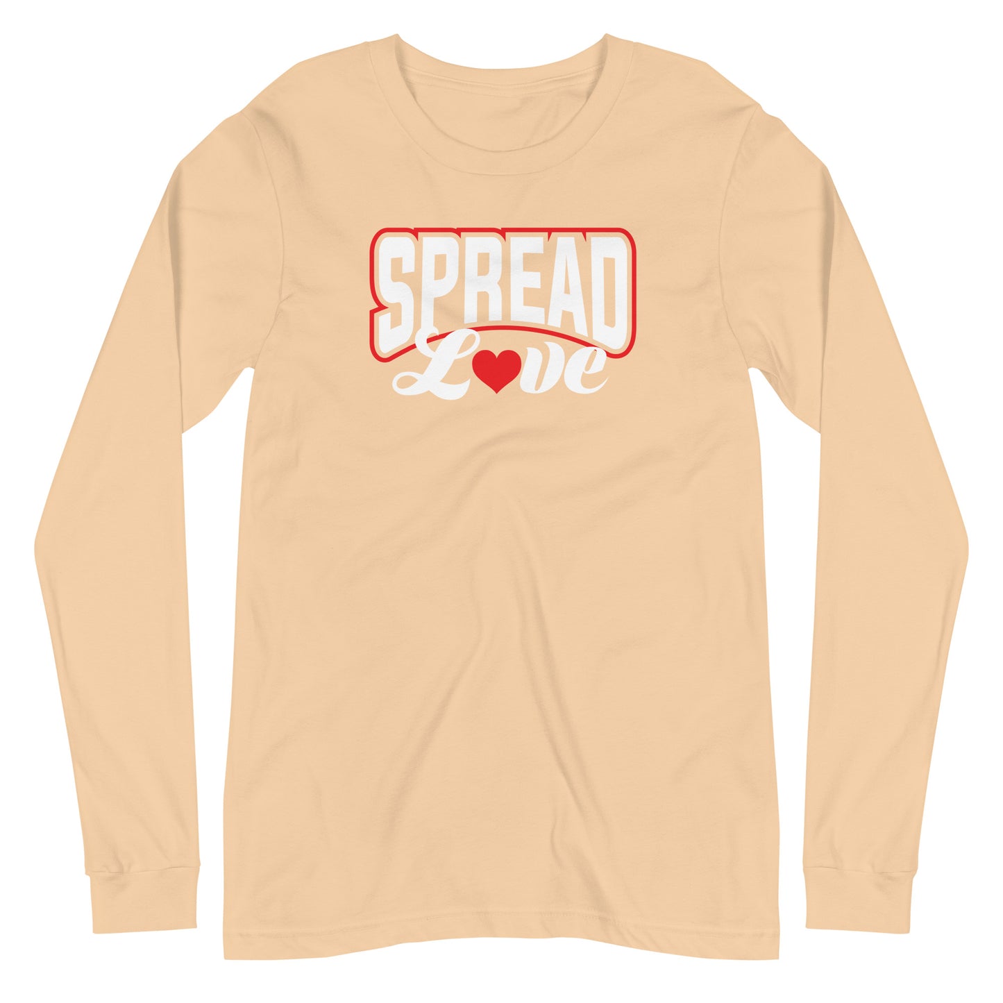 sand dune long sleeve t-shirt with "spread love" graphic with red heart replacing the "o" against a white background
