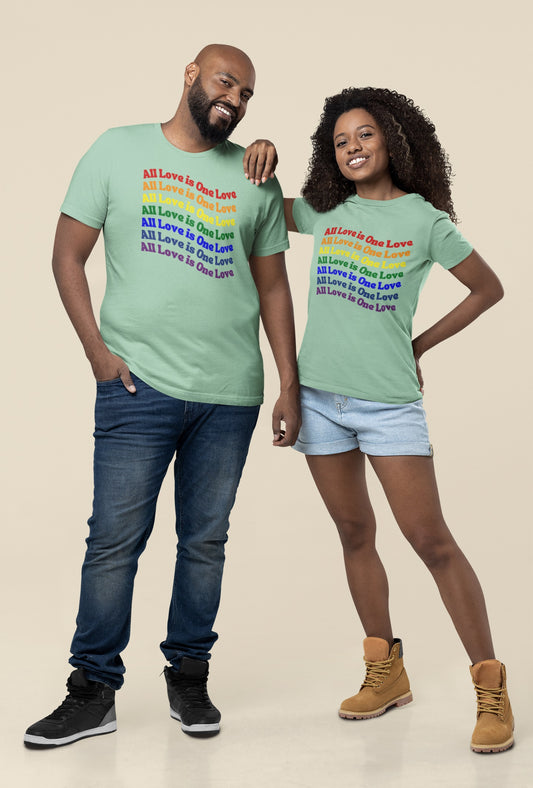 attractive smiling black woman and black man both wearing heather mint "all love is one love" graphic (repeated in rainbow colors) t-shirts. black woman has her hand on the shoulder of the man