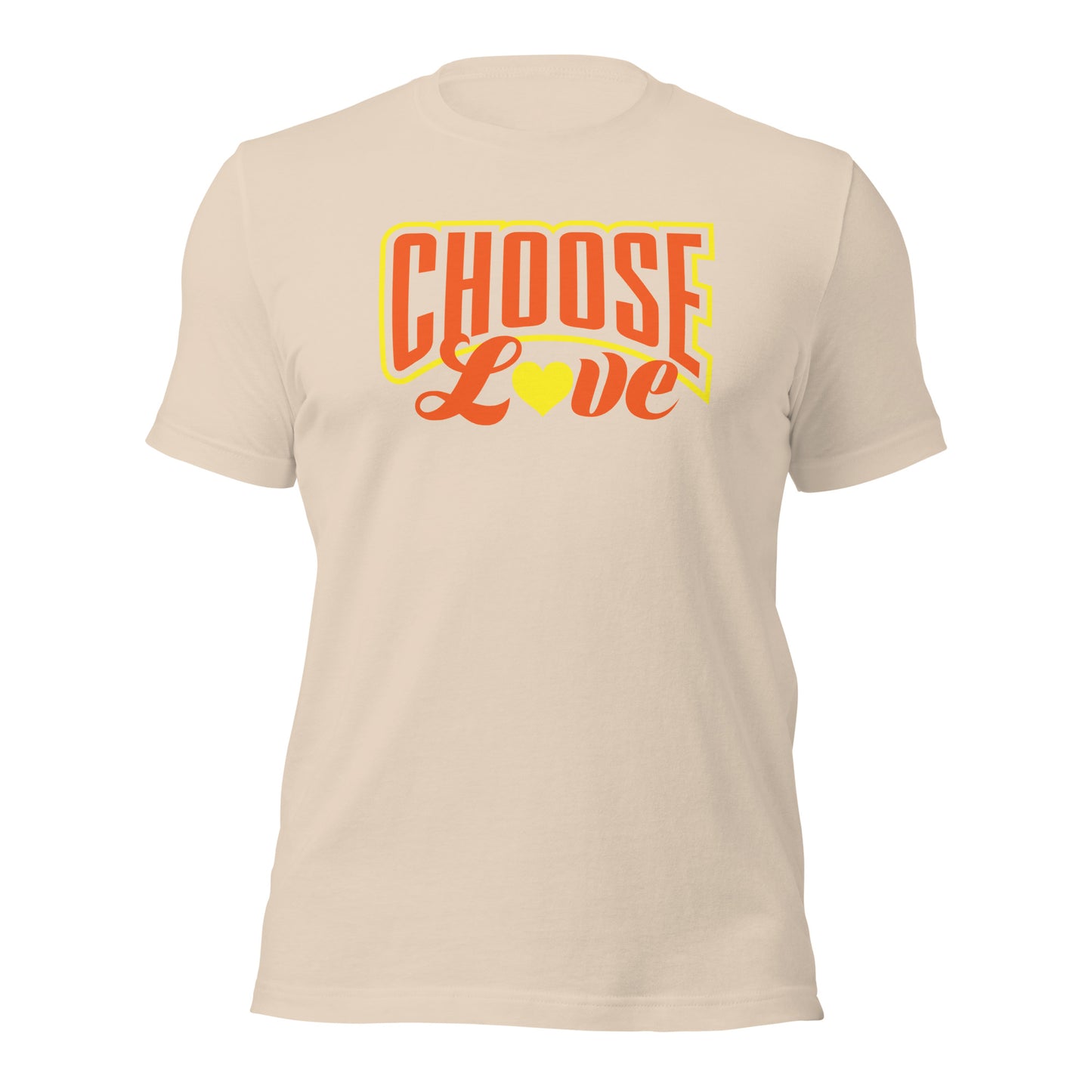 soft cream t-shirt with 'CHOOSE LOVE' orange and yellow text and yellow heart graphic on a white background