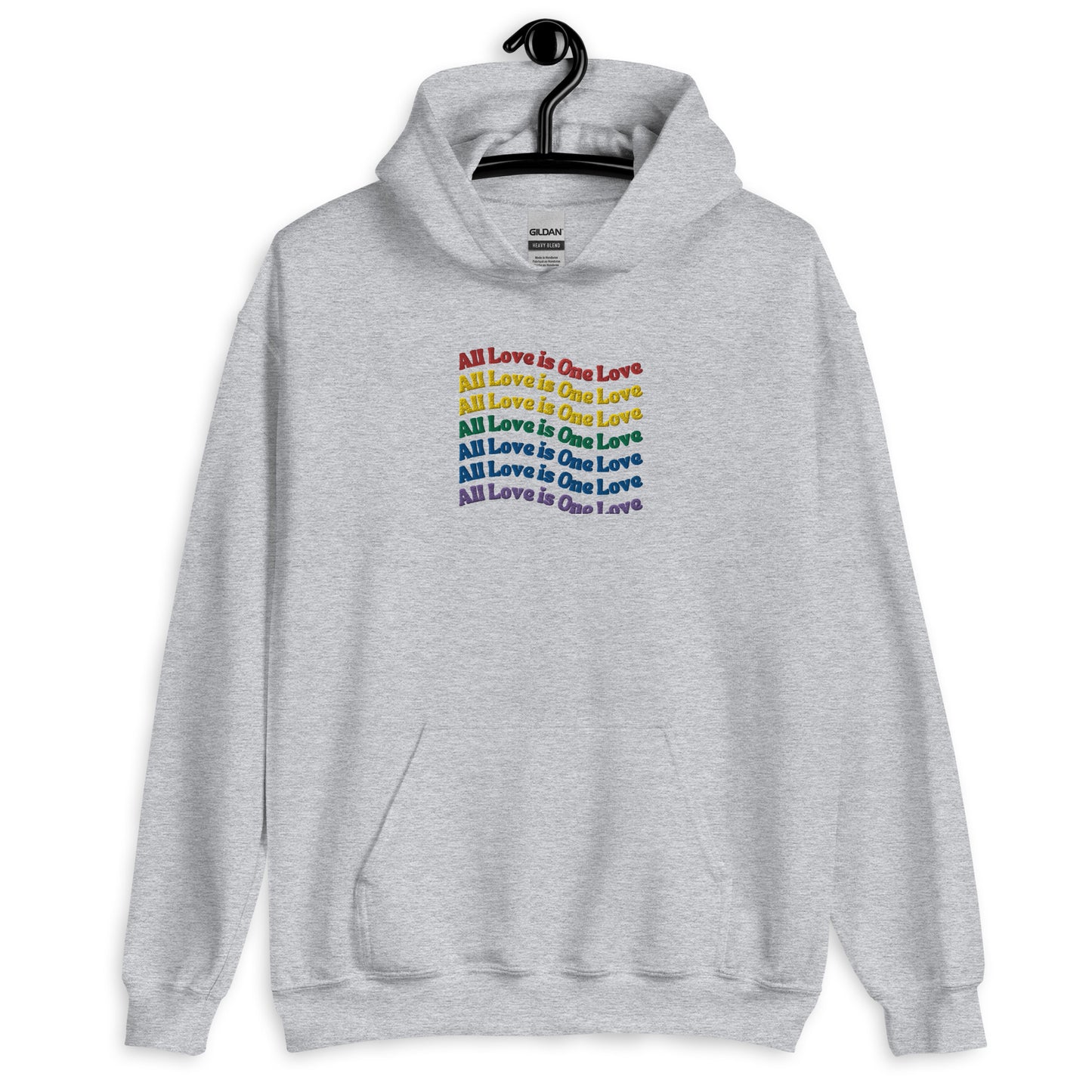 A light grey hoodie with the text 'All Love is one love' printed across the front in a colorful, rainbow gradient design.