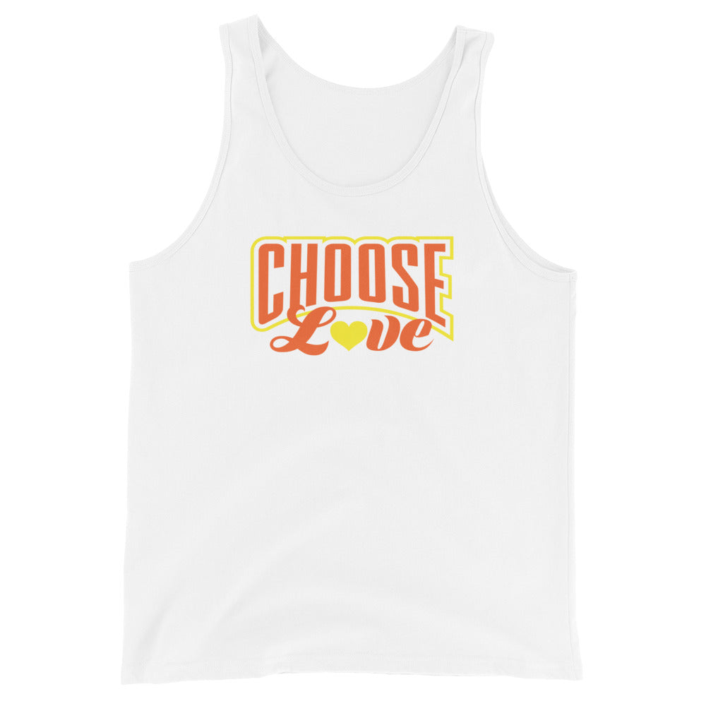 white tank top with 'CHOOSE LOVE' orange and yellow text and yellow heart symbol replacing the "o" in love on a white background