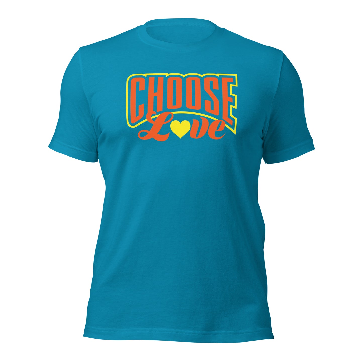 aqua blue t-shirt with 'CHOOSE LOVE' orange and yellow text and yellow heart graphic on a white background