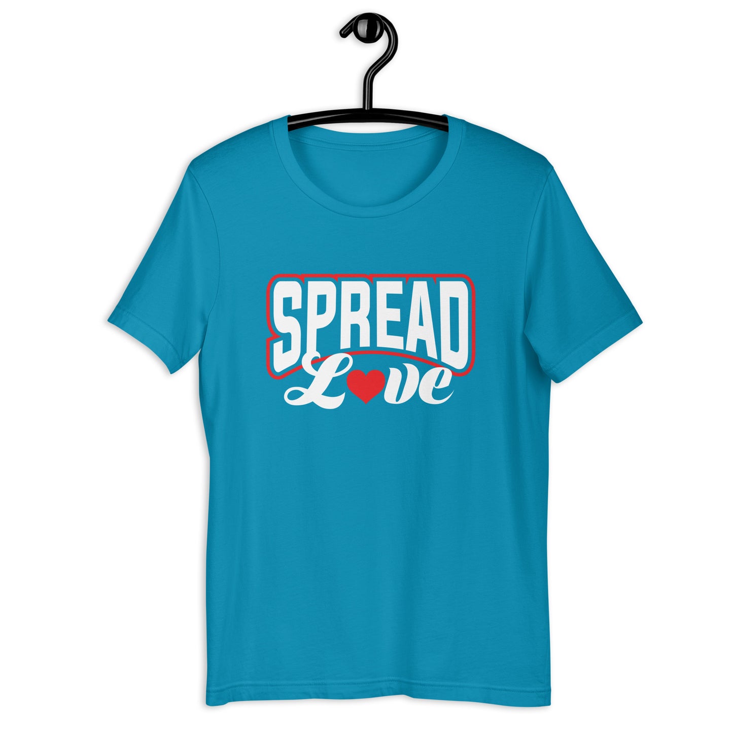 aqua t-shirt with "spread love" graphic with red heart replacing the "o"  on a black hanger
