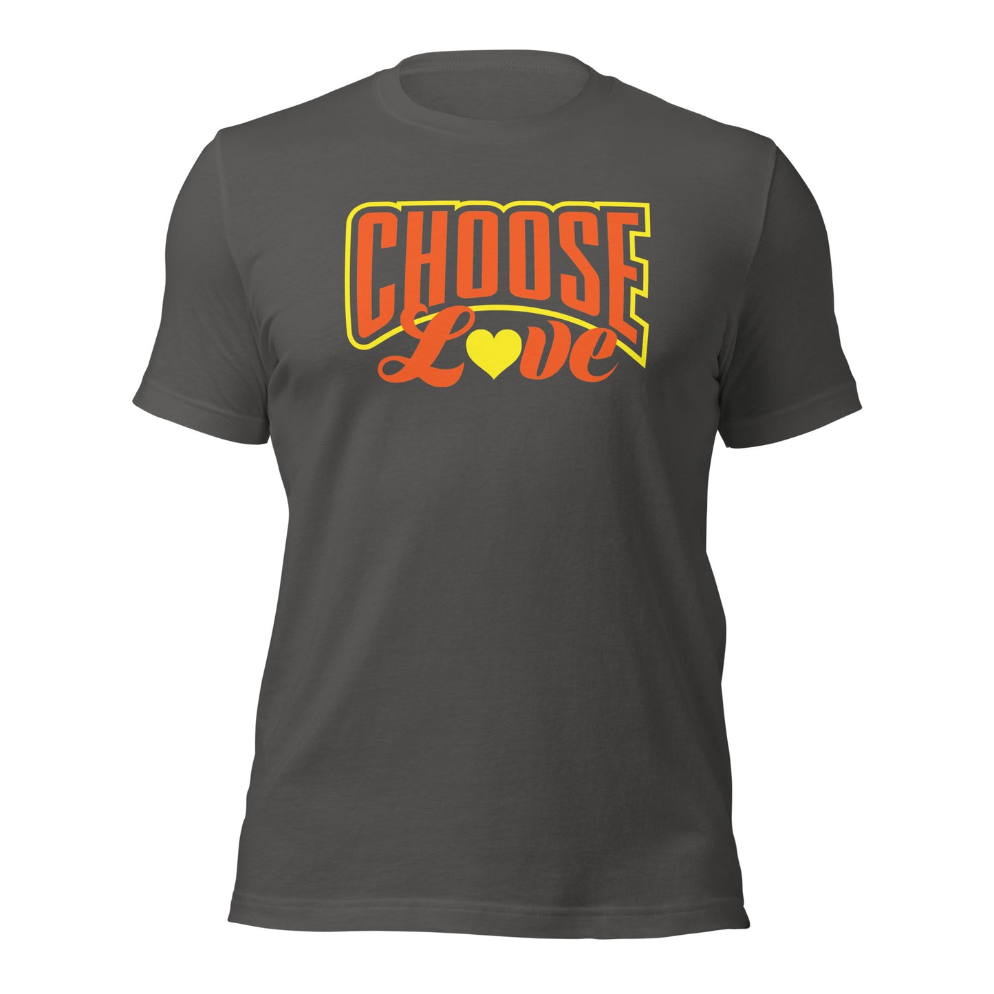 asphalt gray t-shirt with 'CHOOSE LOVE' orange and yellow text and yellow heart graphic on a white background
