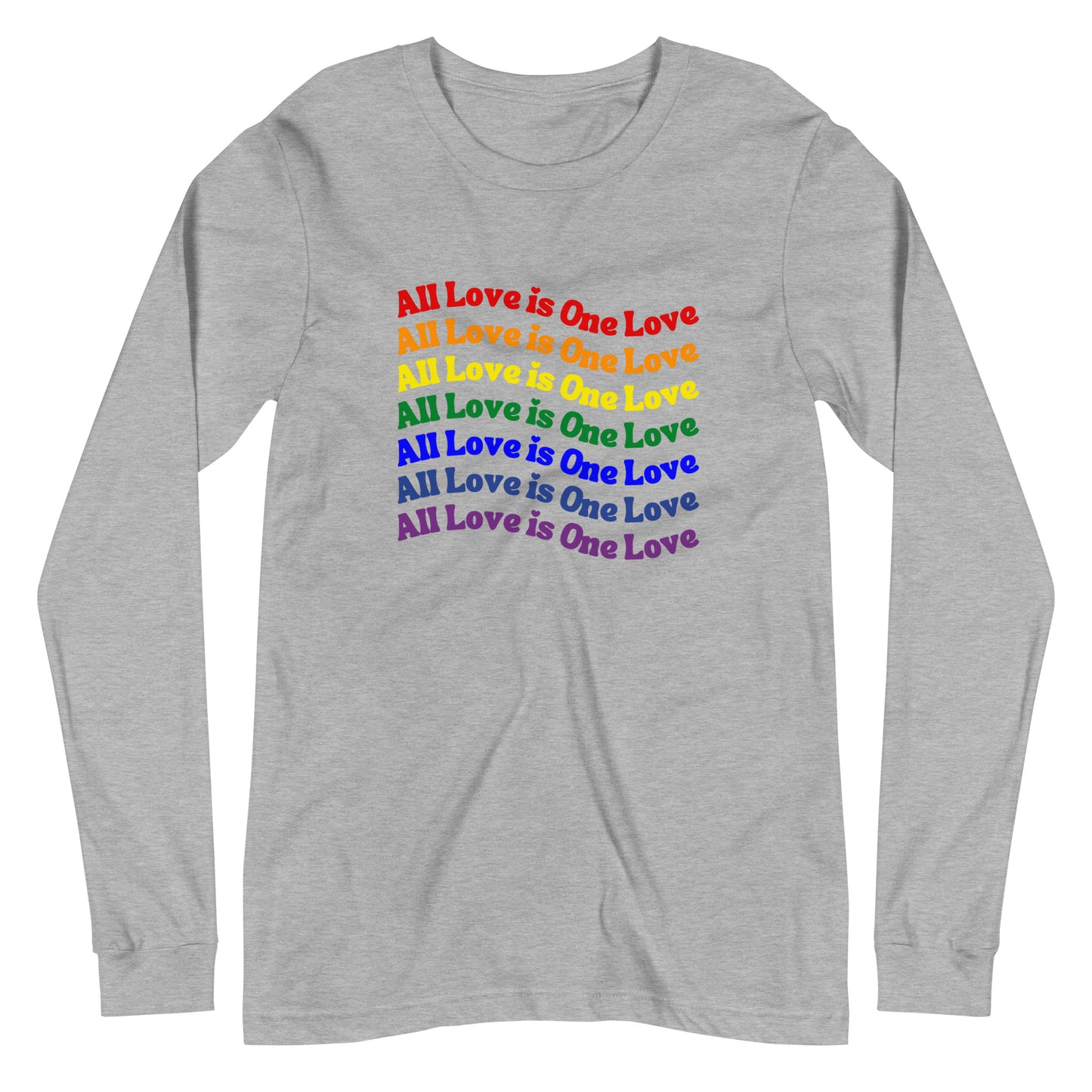 athletic heather long sleeve t-shirt with "all love is one love" graphic in rainbow gradient