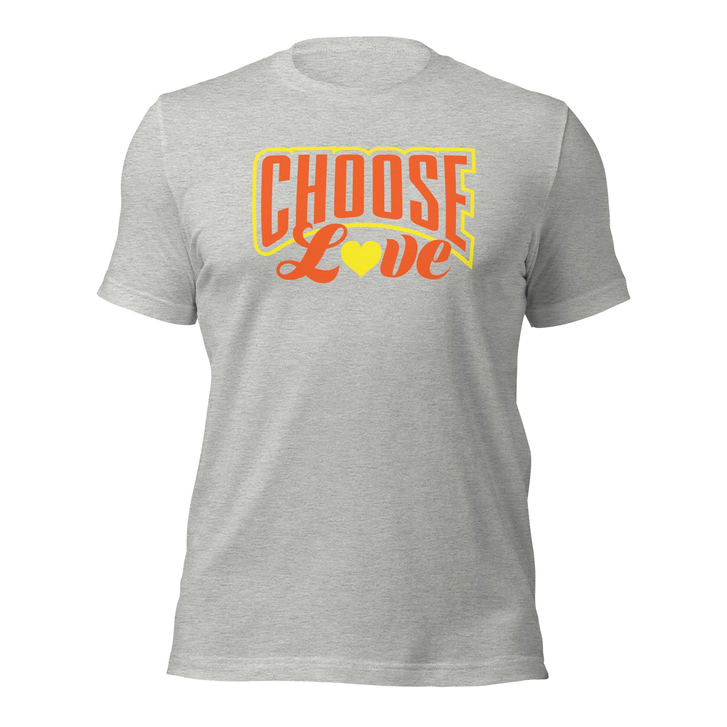 athletic heather t-shirt with 'CHOOSE LOVE' orange and yellow text and yellow heart graphic on a white background