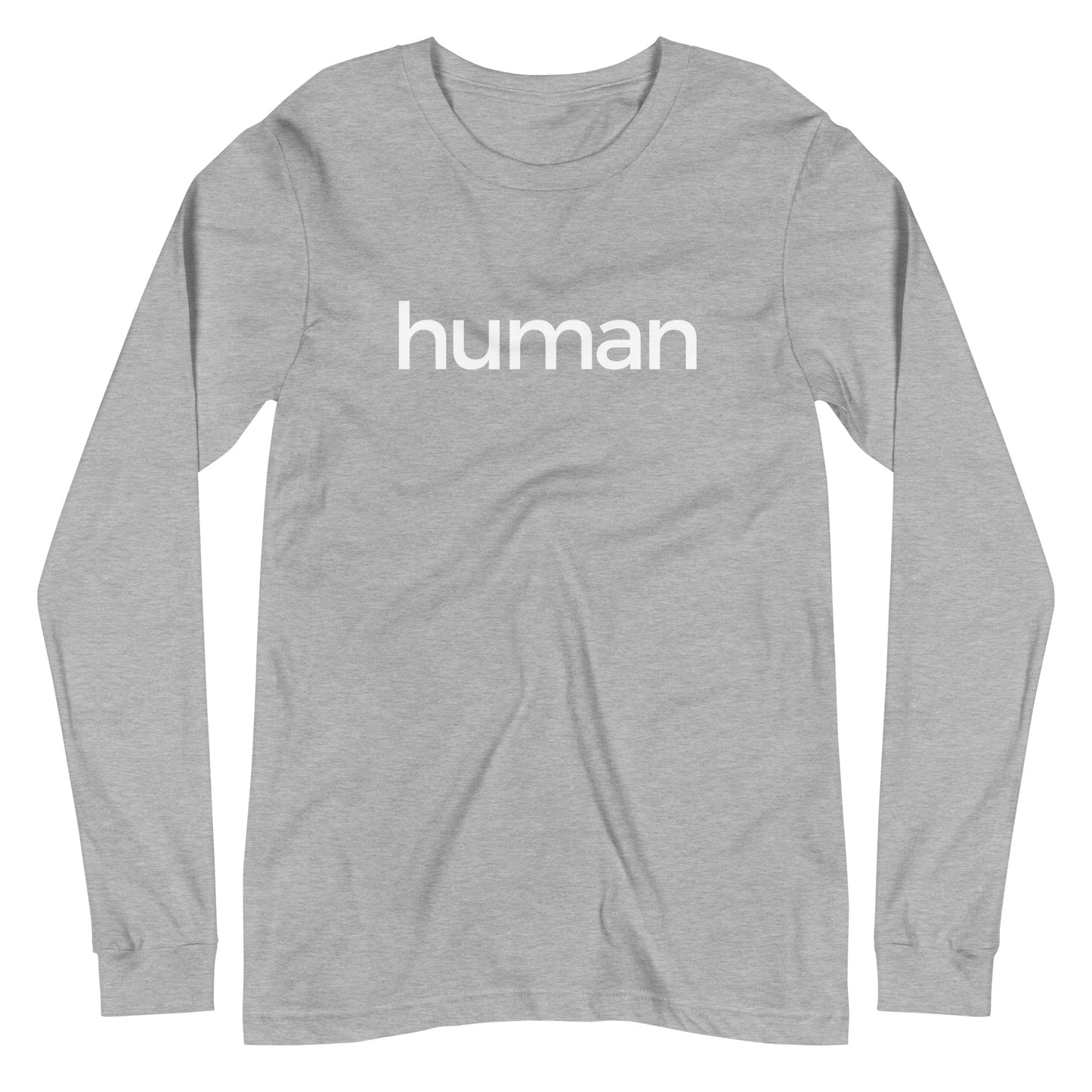 athletic heather long sleeve "human" graphic t-shirt against a white background