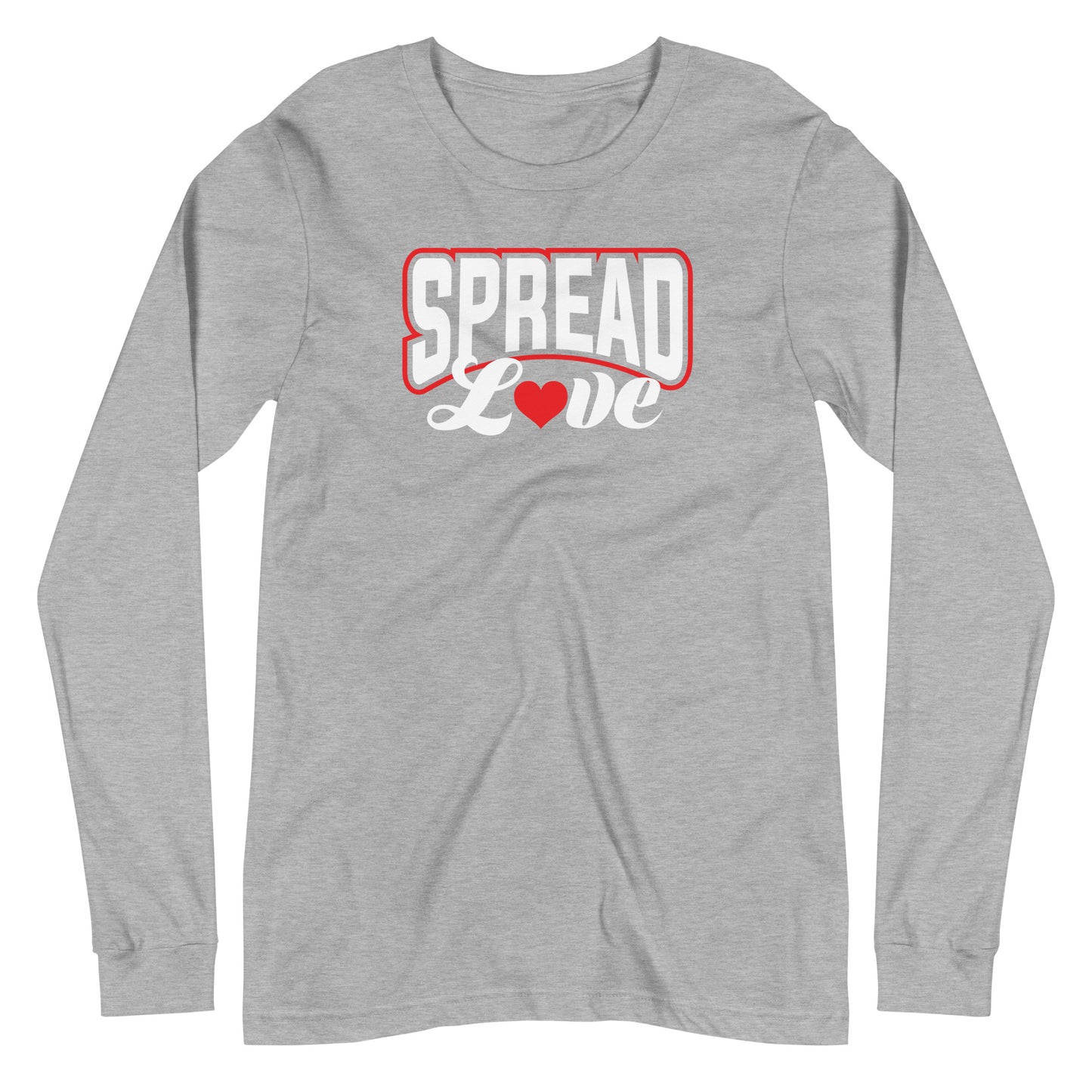 athletic heather long sleeve t-shirt with "spread love" graphic with red heart replacing the "o" against a white background
