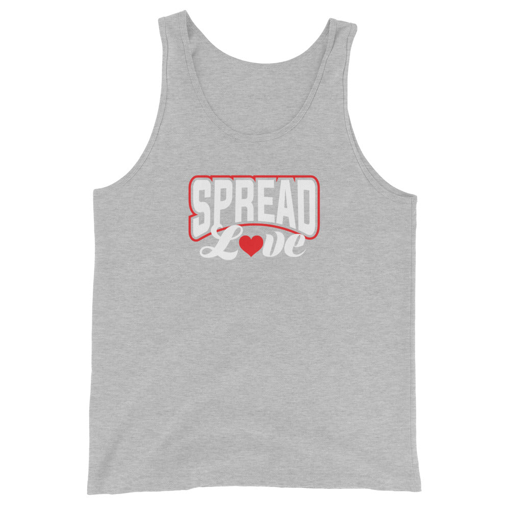light gray tank top with 'Spread Love' red and white text and red heart replacing the "o" in love on a white background