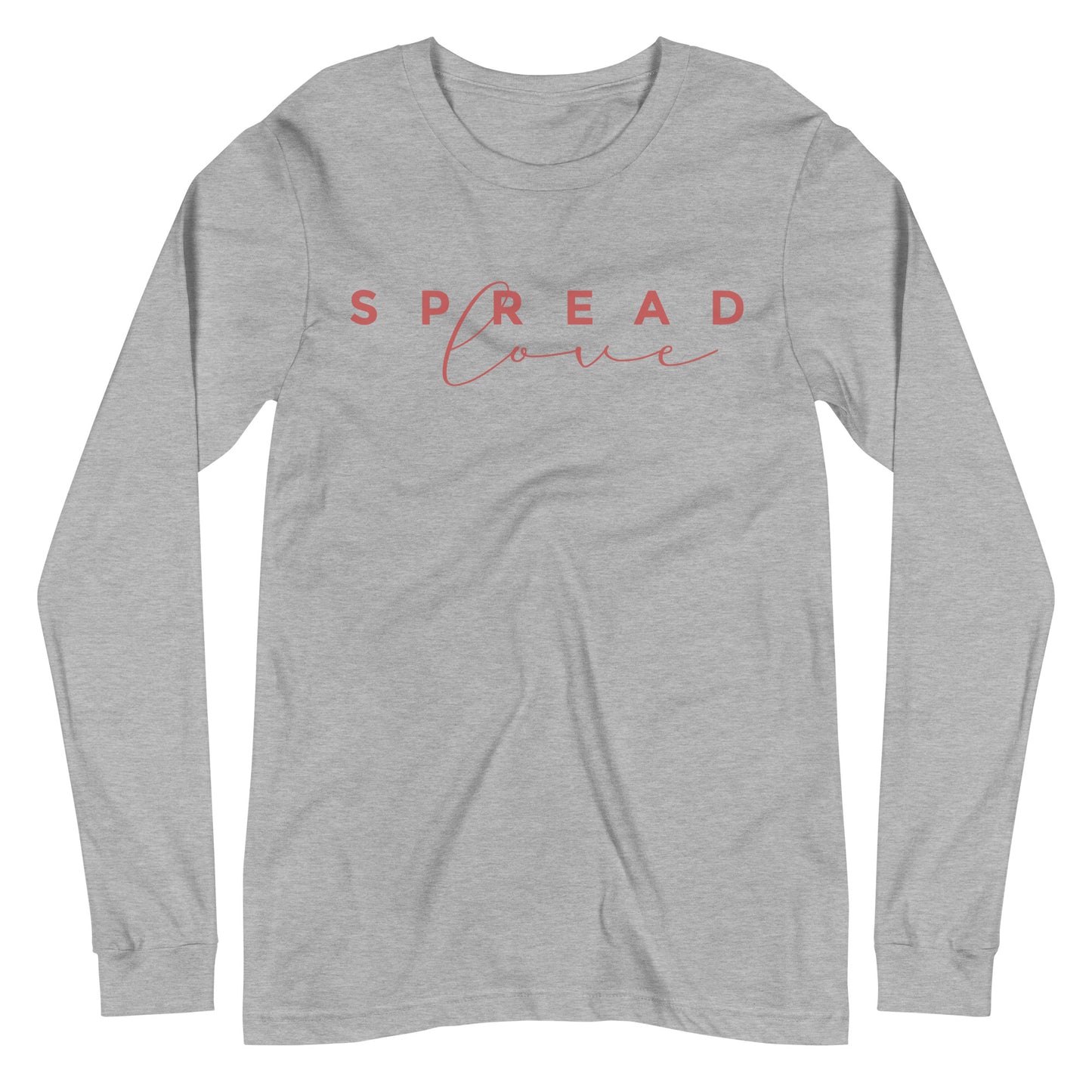 long sleeve athletic heather "spread love" graphic t-shirt against a white background