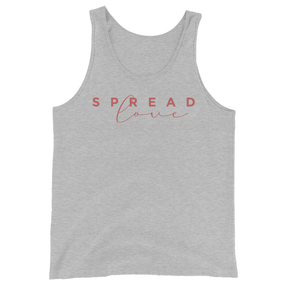 light gray tank top with 'SPREAD LOVE' text in pink on a white background