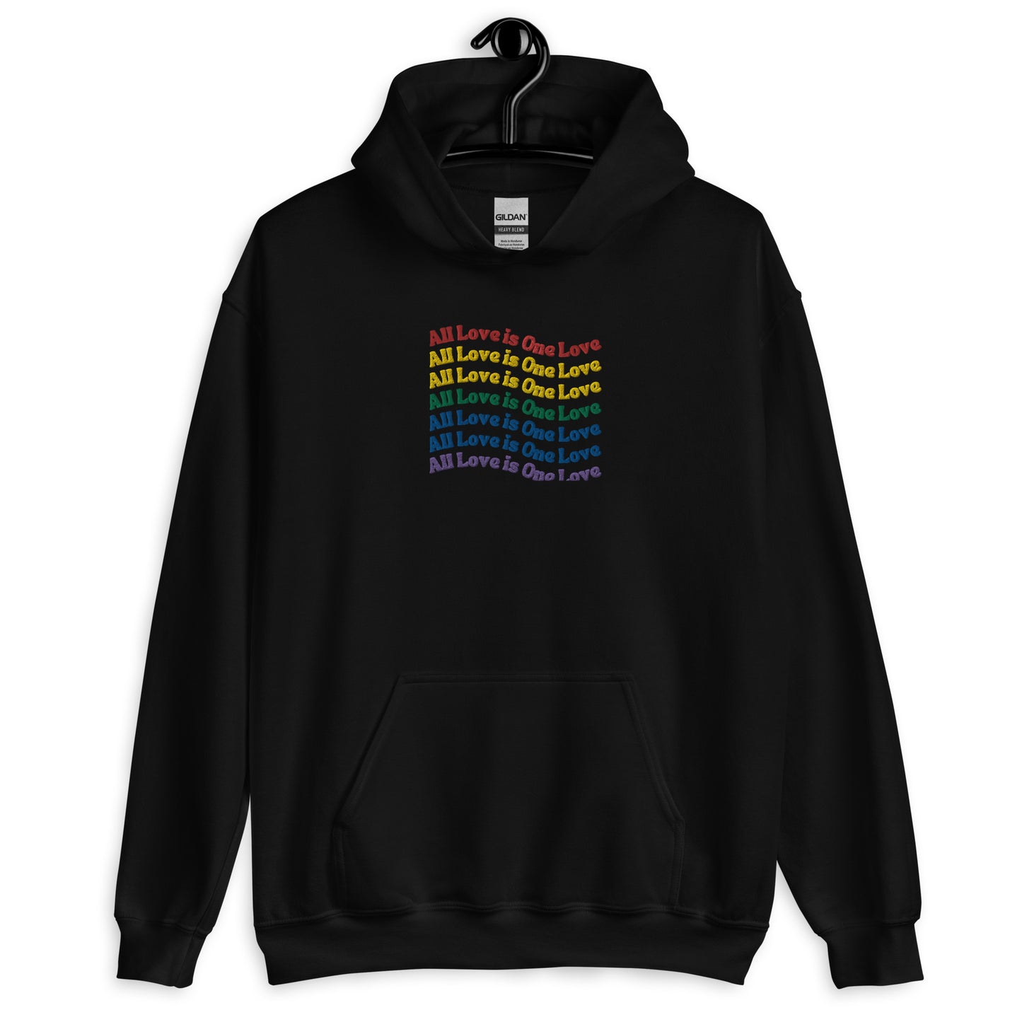 A black hoodie with the text 'All Love is one love' printed across the front in a colorful, rainbow gradient design.