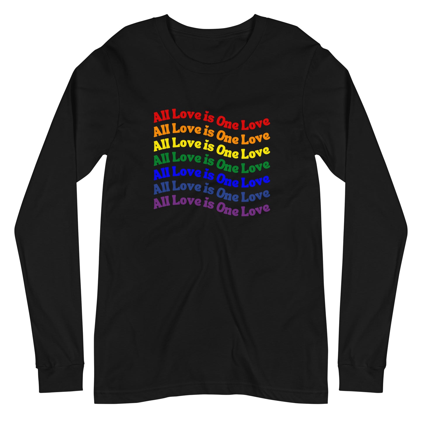 black long sleeve t-shirt with "all love is one love" graphic in rainbow gradient