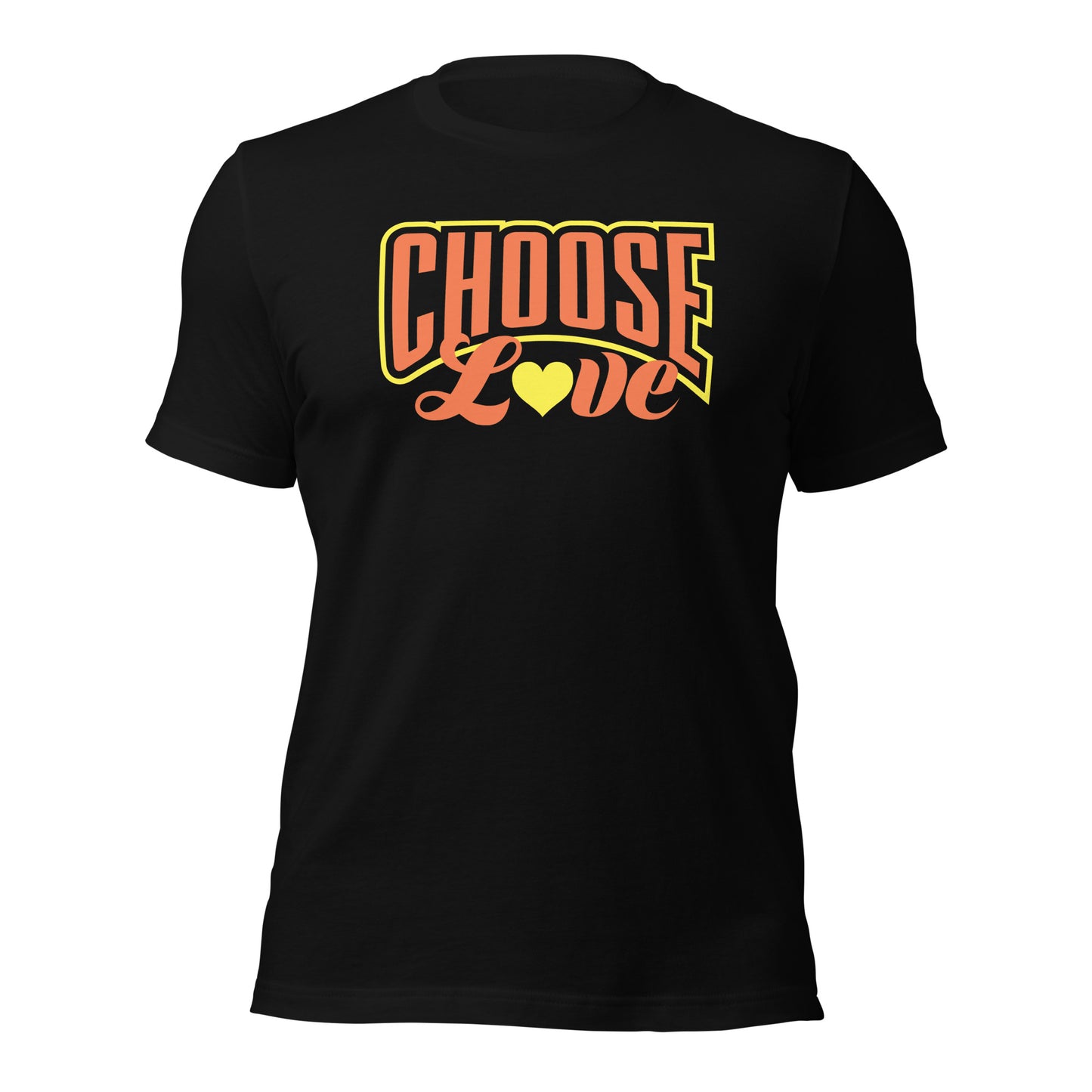 black t-shirt with 'CHOOSE LOVE' orange and yellow text and yellow heart graphic on a white background
