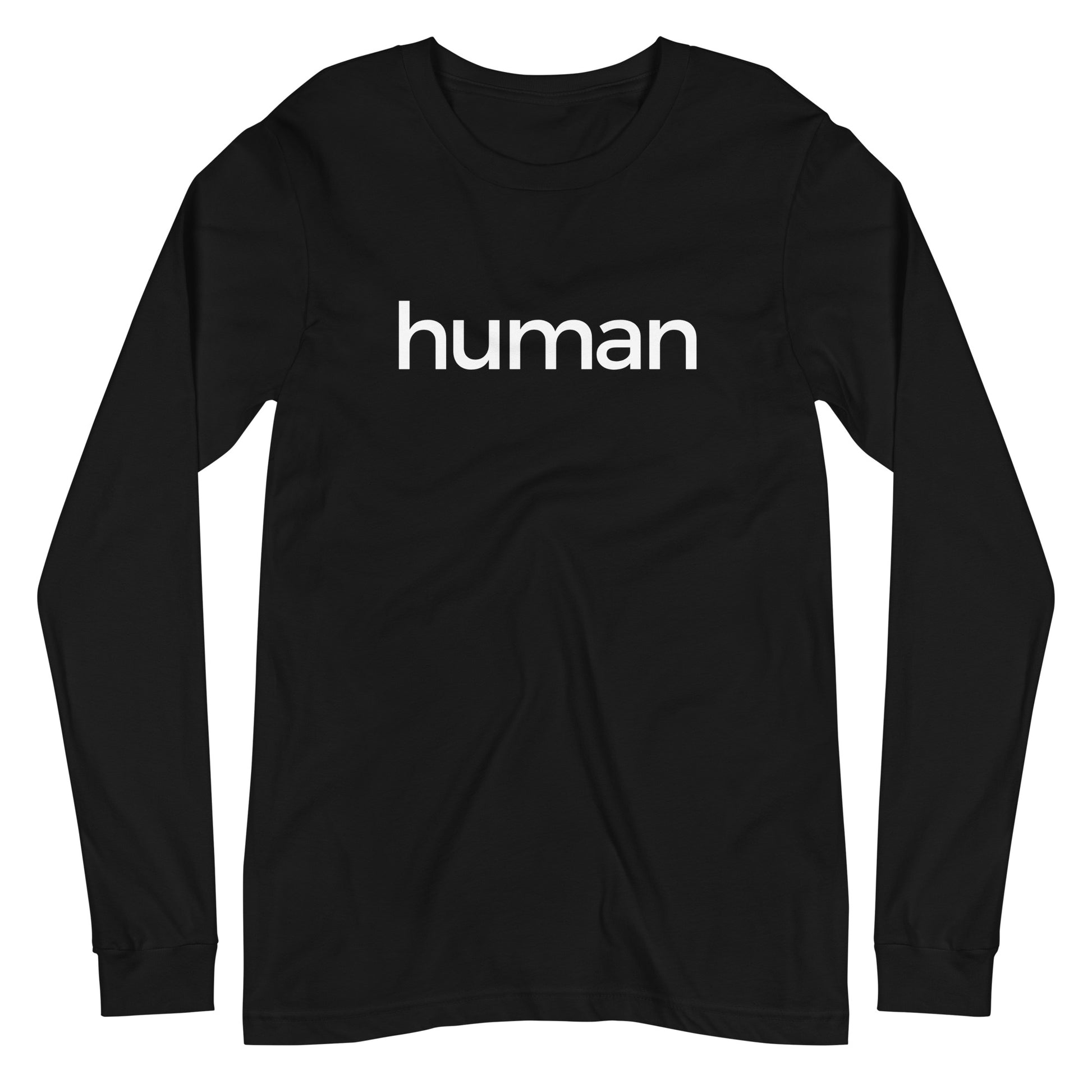 black long sleeve "human" graphic t-shirt against a white background