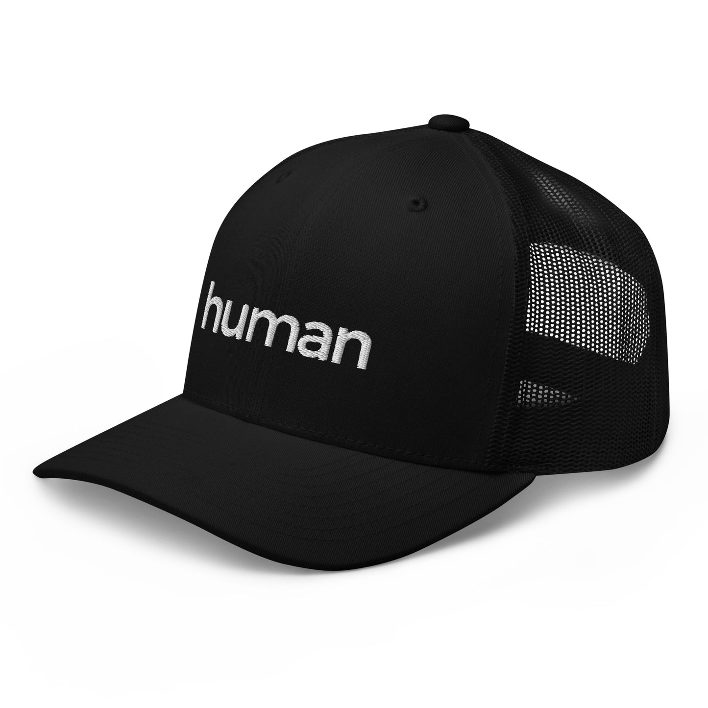 black human retro trucker hat against a white background