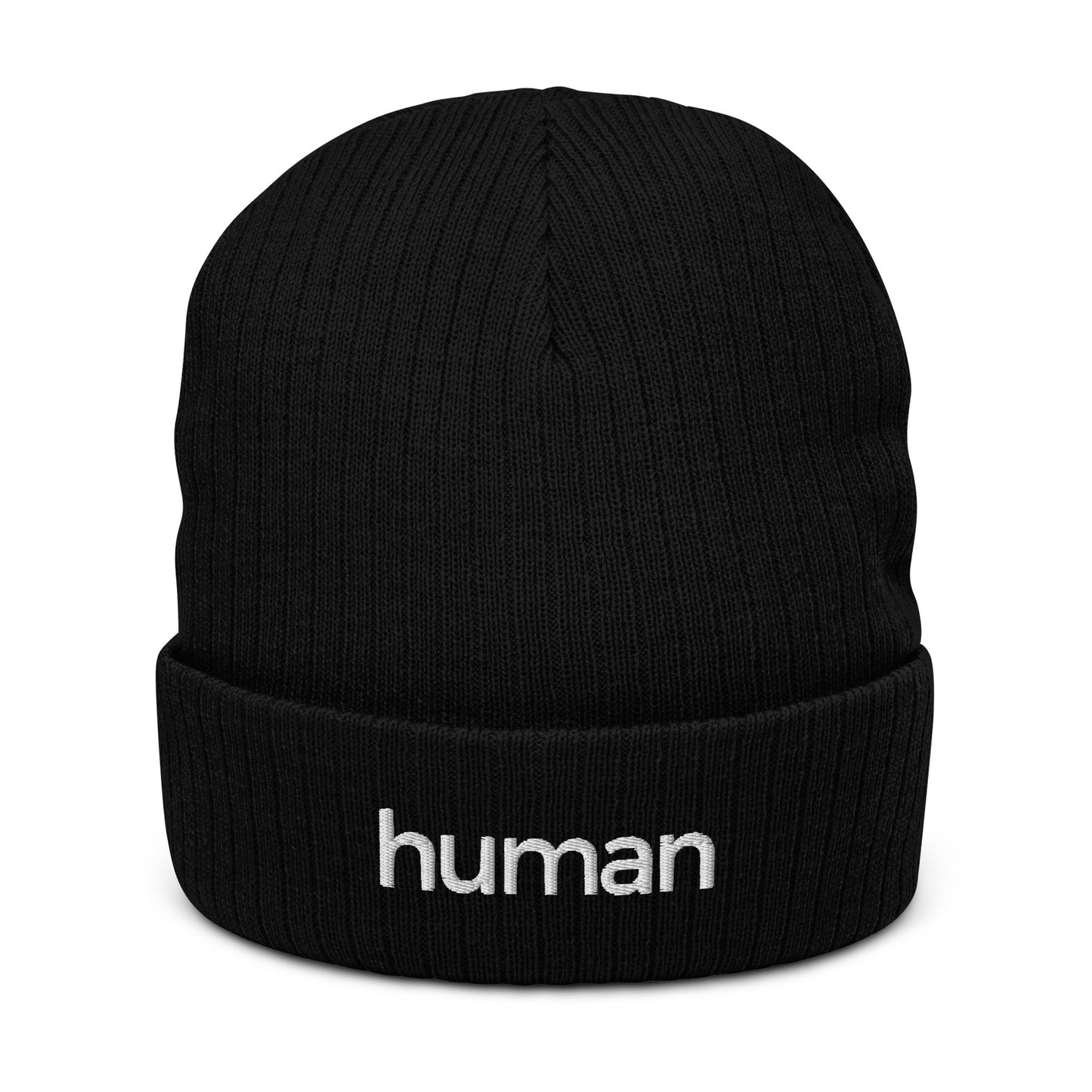 A black ribbed knit beanie with the word 'HUMAN' written on the fold.