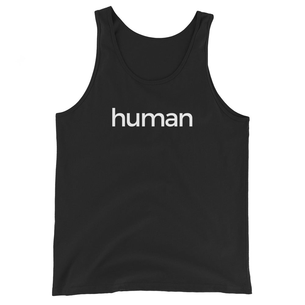 black tank top with 'human' white text on a white background