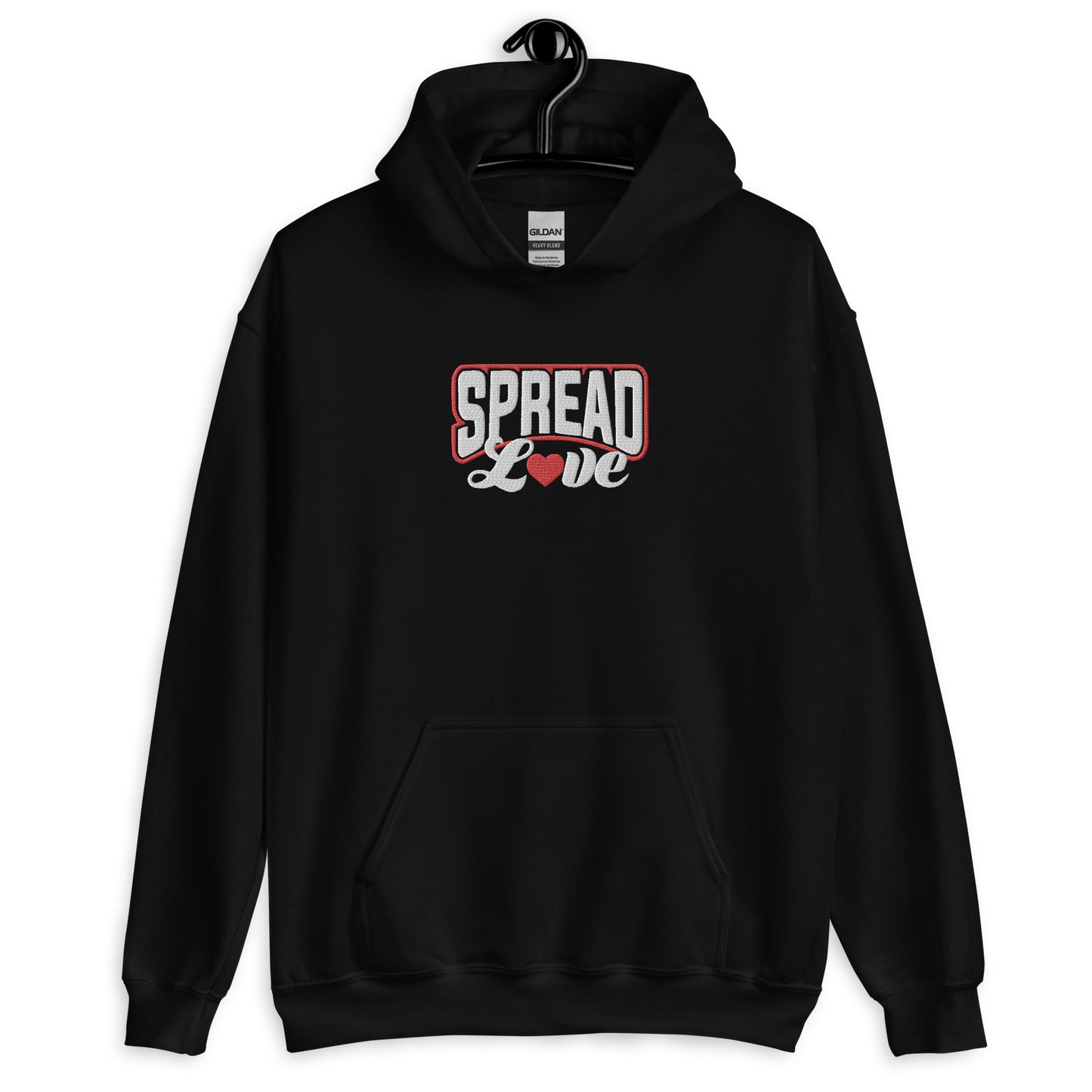 A black hoodie with 'SPREAD LOVE' text in red and white with red heart symbol instead of the 'o' on the front.