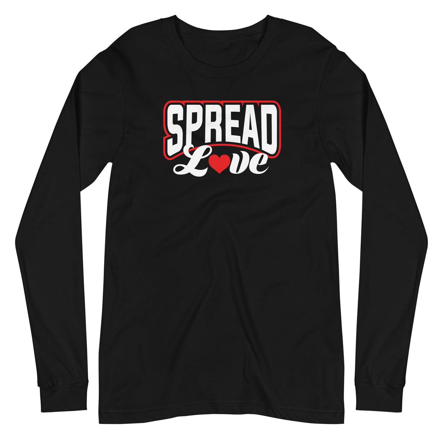 black long sleeve t-shirt with "spread love" graphic with red heart replacing the "o" 