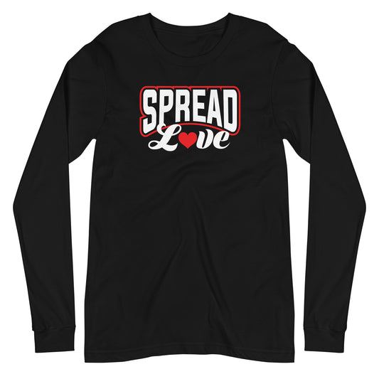 black long sleeve t-shirt with "spread love" graphic with red heart replacing the "o" 
